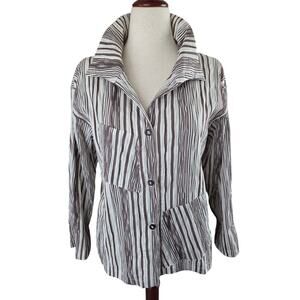 Artsy Textured Striped Blouse Unique Cotton Linen Blend Medium Avant Garde Fun